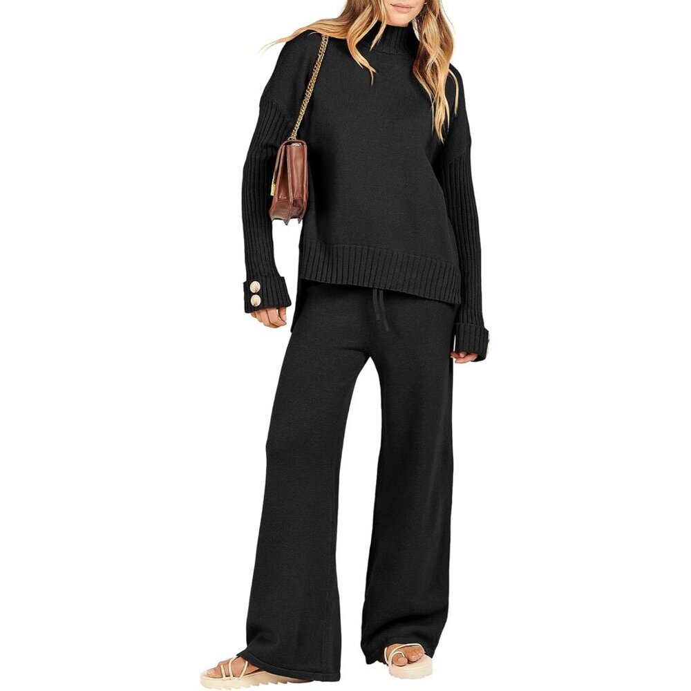 Women's Sweater Lounge Set Knit Turtleneck Long Sleeve Wide Leg Pant Casual